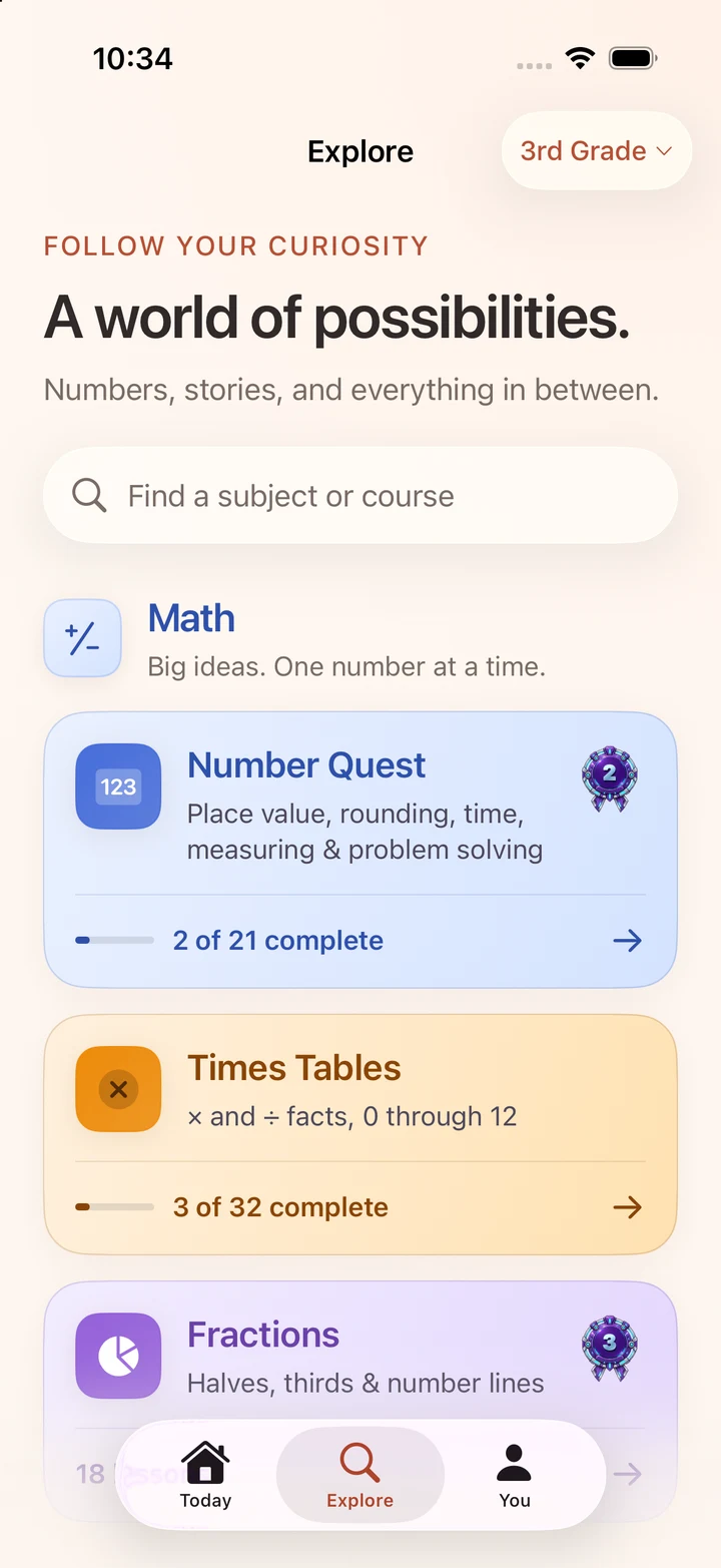 School Edition Explore screen with colorful Number Quest, Times Tables, and Fractions courses.