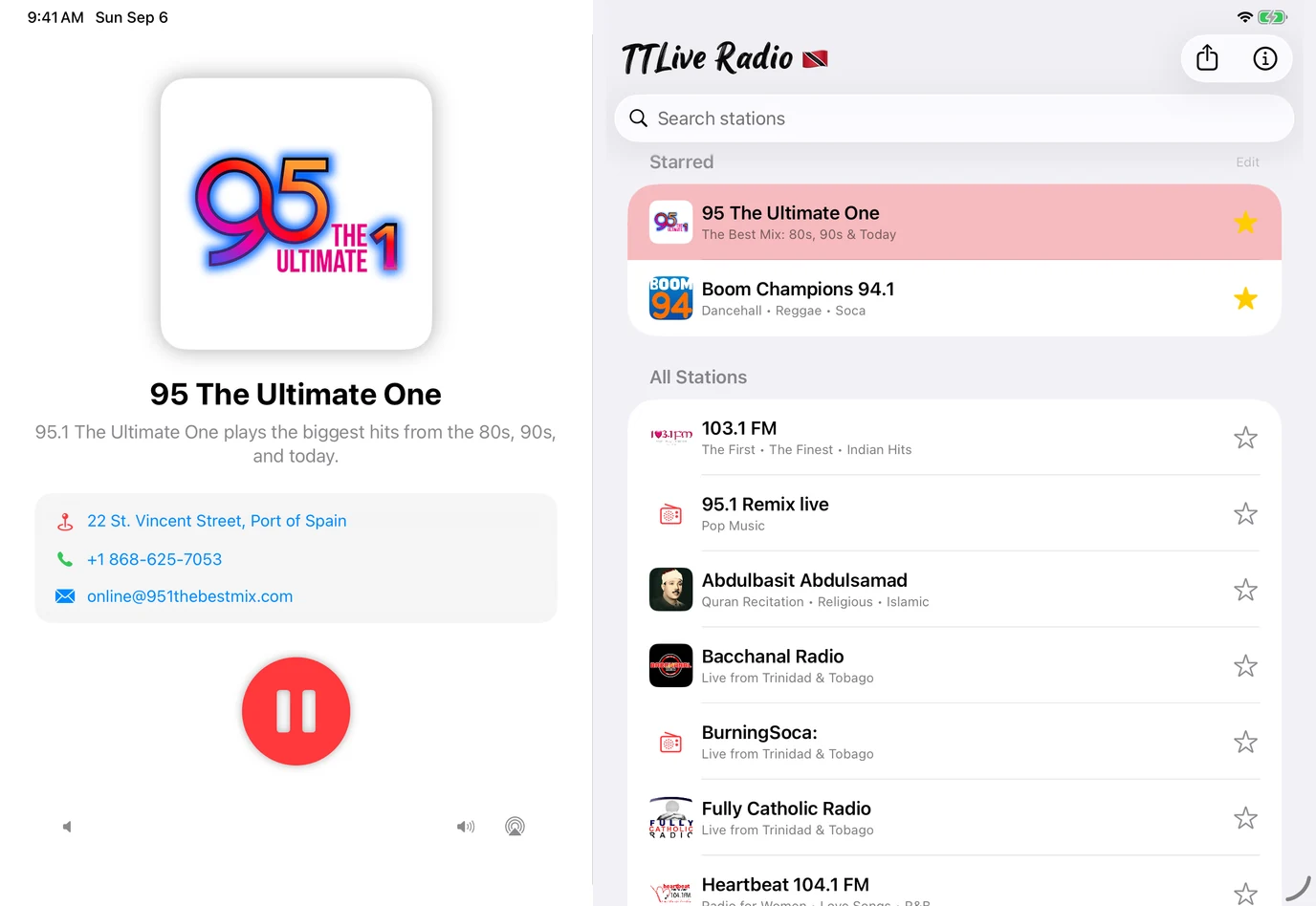 TTLive Radio in iPad landscape, with the expanded player and volume controls on the left and the station list on the right.