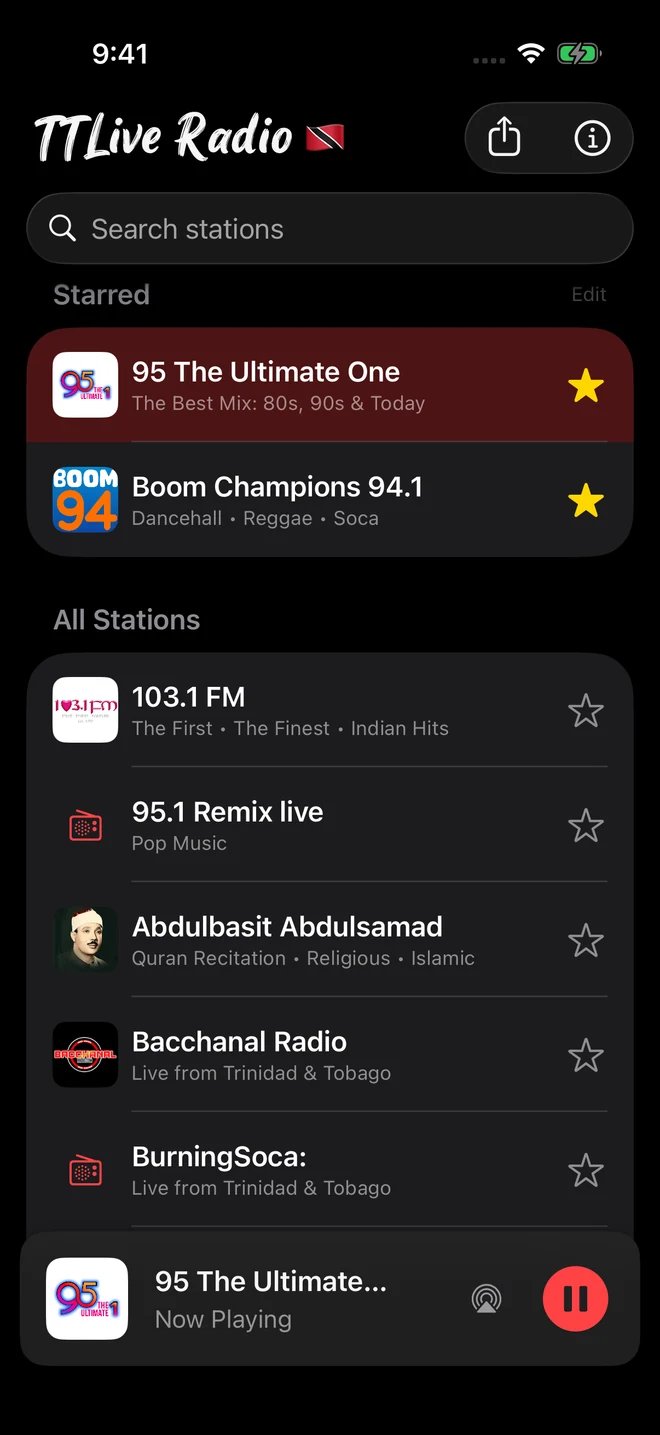 TTLive Radio on iPhone: a searchable station list, starred favorites, live station artwork, and playback controls.